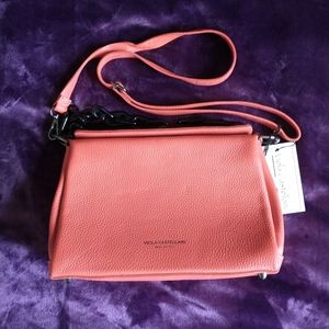 Viola Castellani coral red leather triple compartment bag